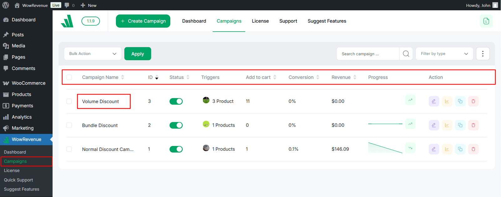 Finding and editing the campaign from the WowRevenue dashboard